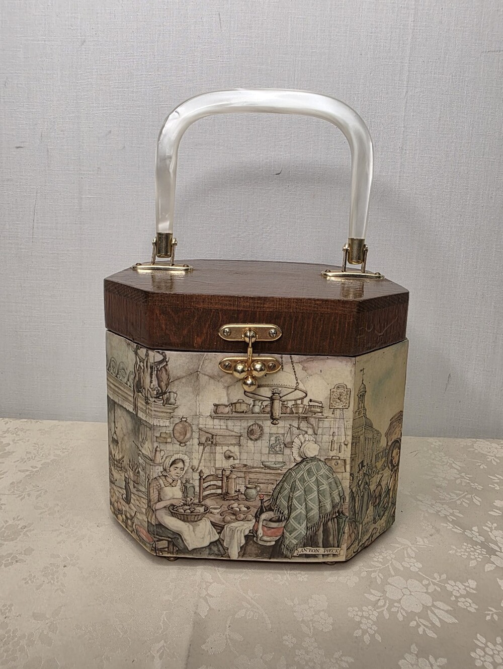 VTG Anton Pieck Wooden Decoupage Octagon Box Purse Swirl Lucite Handle